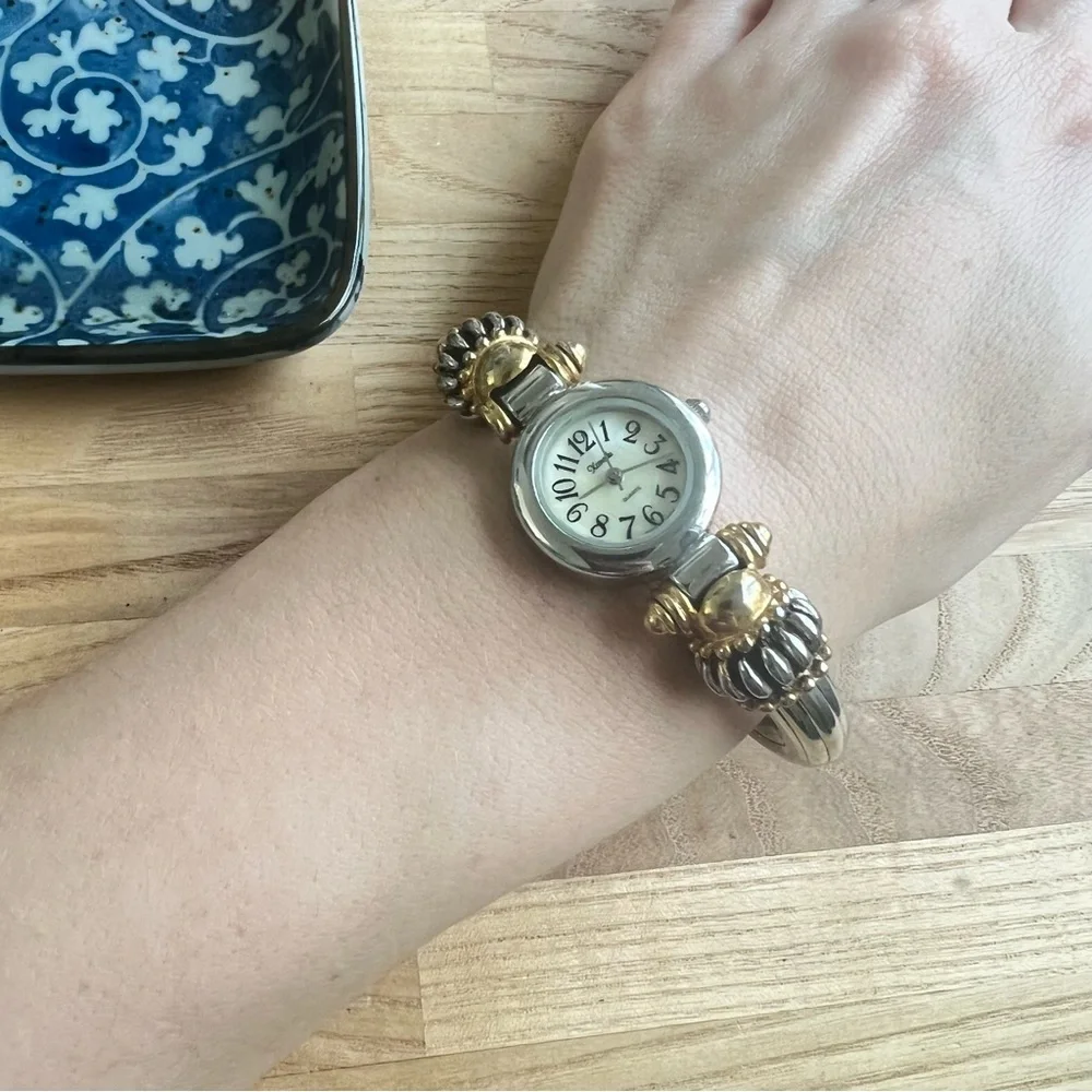 Xanadu ladies two tone hinged cuff bracelet fashion watch NEW BATTERY